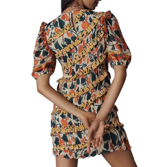 Farm Rio for Anthropologie Puff-Sleeve Fitted Mini-Dress NWT sz S Floral Ruffled - Picture 3 of 12